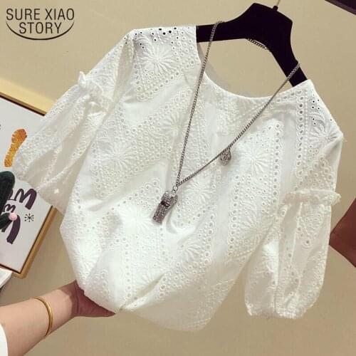 2021 Summer Shirts White Blouse Hook Flower Short Sleeve Lace Shirt White Lace Tops Women Korean Fashion New Blouse Women 13439