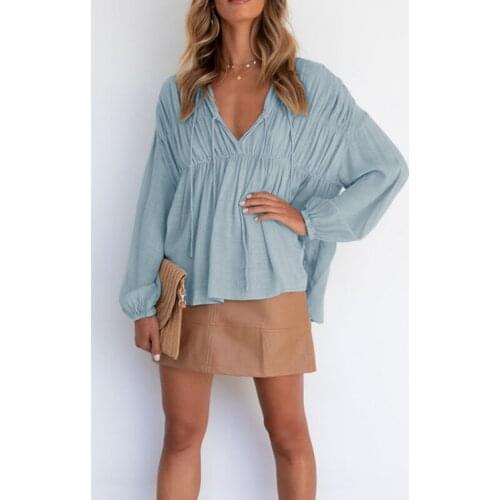 Women Casual Loose Style Shirt Autumn Spring Tie Up V Neck Long Sleeve Blouse Shirts Ladies Fashion OL Pullovers Solid 3 Colors