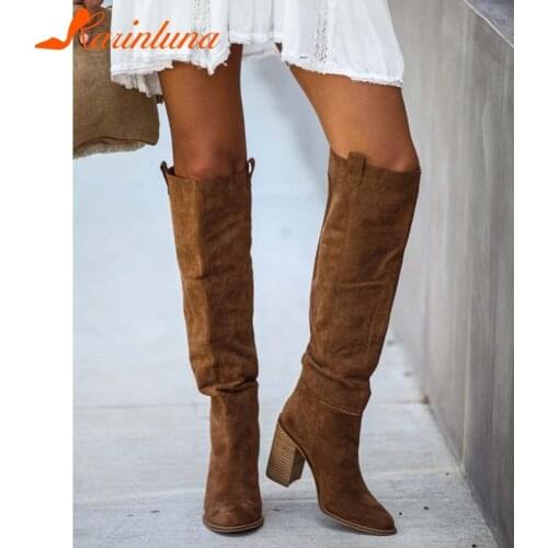 KARINLUNA Big Size 34-43 Female New Fashion Autumn Daily Boots Pointed Toe Thick High Heels Women Boots Knee High Women Shoes