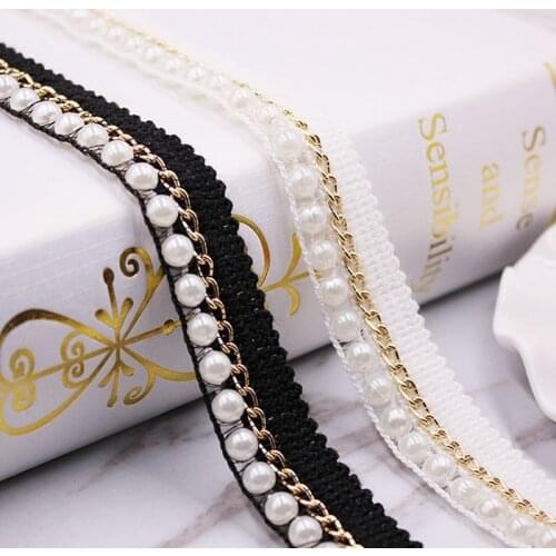 1Yards Pearl Beaded Lace Trim Tape Fabric White/black Lace Ribbon Beaded Fringe Clothing Sewing Embroidered Headdress Materials