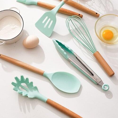 12pcs Mint Green Cooking Tools Premium Silicone Kitchen Cooking Utensils Set kitchen Non-stick Cookware spatula Colander