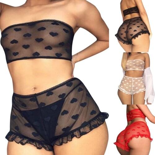Sexy Lingerie 2 Peices Erotic Set Off-shoulder Womens Underwear Babydoll Lace Temptation Sleeveless Heart-shaped Print Cute
