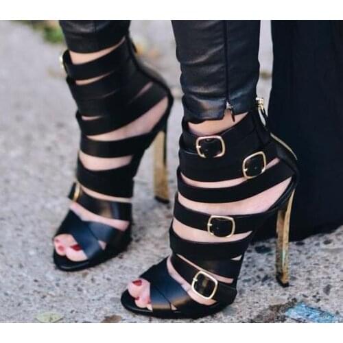 2018 Super Hot Ladies Sexy Party Shoes Blade Heel Dress Shoes Black Smooth Leather Buckles Women Open Toe Sandals Gladiator Shoe