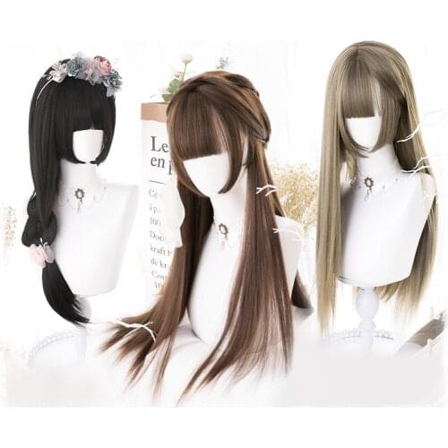 3 Colors Harajuku Japanese Kawaii Wigs Sweet Dolly Long Straight Lolita Princess Cut Wig Party Cosplay Hairpiece Synthetic Hair