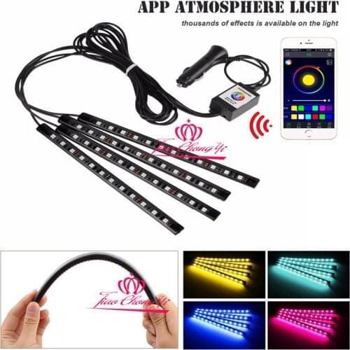 4strip 12 LED Car Atmosphere RGB Phone App Music Control Strip Lights Interior Kit