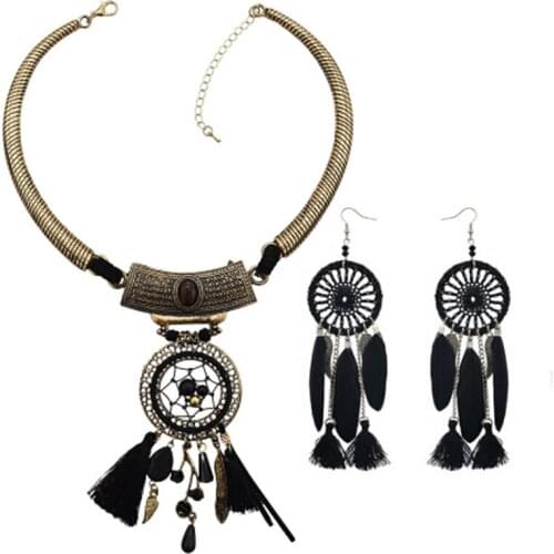 African Ethnic Vintage Thread Long Tassel Necklaces Sets For Women Boho Resin Bead Feather Drop Earrings Turkish Tribal Jewelry