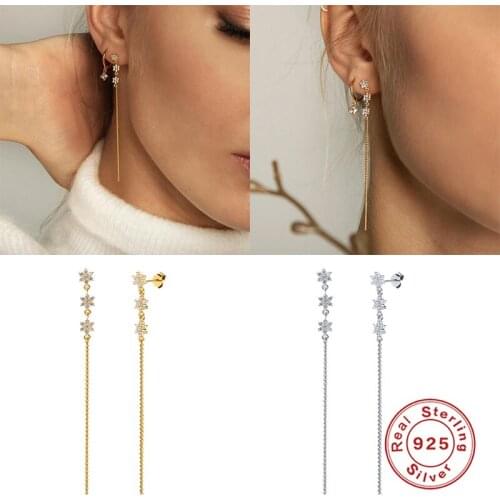 Aide 925 Sterling Silver Three Snowflake Flower Long Chain Drop Earrings For Women Zircon Crystal Tassel Earrings Fine Jewelry