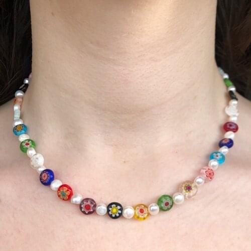 Bohemian Millefiori fresh water pearl handmade beaded necklace rainbow multi coloured necklace women jewellery cute