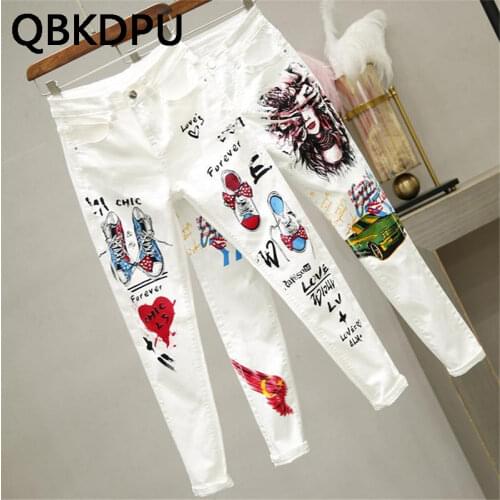 White vintage printing for women pencil Pants Casual high waist slim Pants Women Summer Fashion big size streetwear Korean jeans
