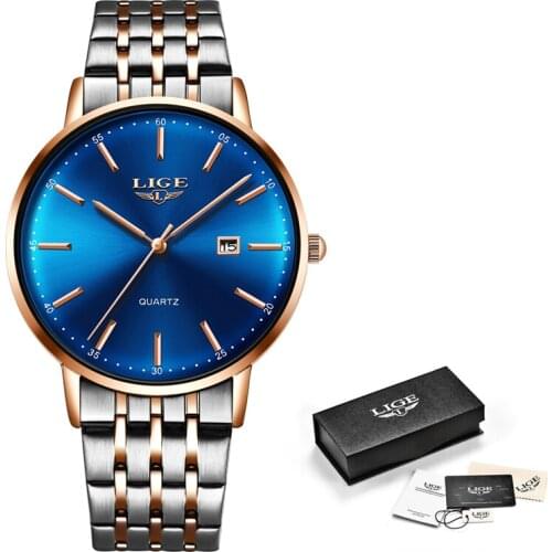 2020 New Mens Watches Top Brand Luxury Gold Quartz Watch Men Sport Waterproof Watch For Man All Steel Slim Blue Dial Date Clock