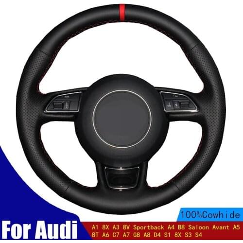 Steering Wheel Cover Black Genuine Leather For Audi A1 8X A3 8V Sportback A4 B8 Saloon Avant A5 8T A6 C7 A7 G8 A8 D4 S1 8X S3 S4