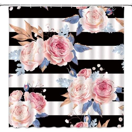 Flower Shower Curtains Black White Striped Floral Bathroom Decor Polyester Fabric Home Bath Cloth Hanging Curtain Set