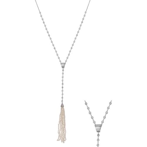 Silver Pearl Beads Dangle Cubic Zirconia Chain Long Necklace, best present options for Your Loved Ones