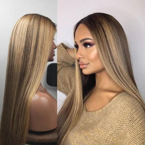 Highlight Ombre Blonde Straight13x4 Lace Front Wig For Women Human Remy Babyhair Preplucked Brazilian Can Dye 18% Density 26Inch