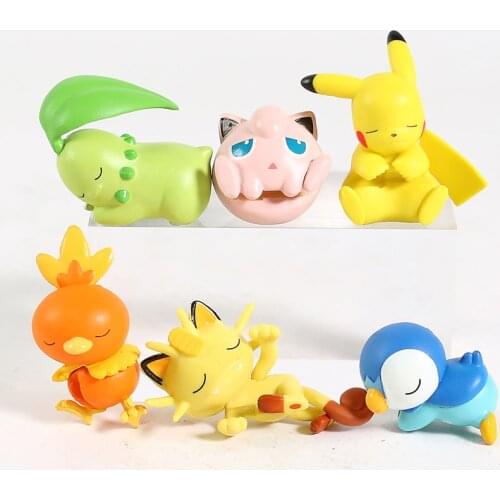 Pokemon Sleeping Pikachu Piplup Chikorita Meowth Jigglypuff Torchic on The Cable PVC Figures Toys 6pcs/set