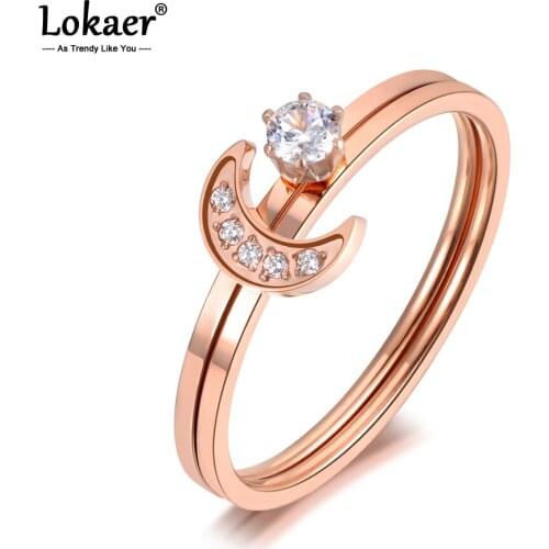 Lokaer Titanium Stainless Steel CZ Crystal 2 In 1 Moon Ring Trendy Rose Gold Anniversary Rings Jewelry For Women Girls R19089