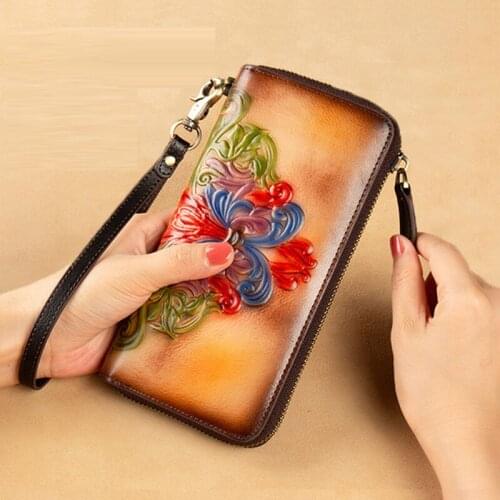 Women Genuine Leather Wallet Clutch Handy Bag Printing Floral Real Cowhide Female Credit Card Clips Long Purse Money Wrist Bags