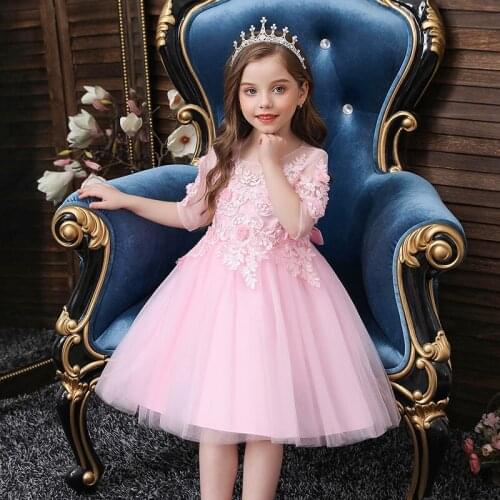 New Princess Lace Dress Kids Flower Embroidery Dress For Girls Vintage Children Dresses For Wedding Party Formal Pink White Blue