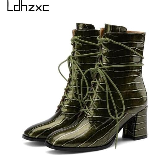 LDHZXC 2020 Stone texture green fashion motocycle boots high heels women ankle boots high heel shoes ankle boots women boots