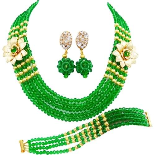 Fashion Green Crystal Beaded Multi Strands Necklaces Sets Nigerian Wedding African Beads Jewelry Set 5-XSH09