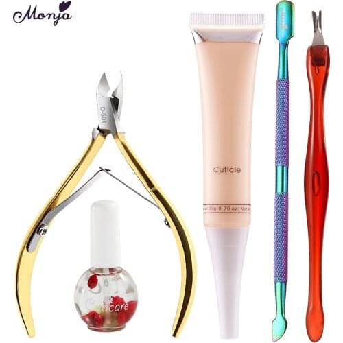 Monja 5Pcs/Set Nail Art Care Kit Dual-ended Dead Skin Nail Remove Fork Clipper Cuticle Pusher Soften Nutrition Oil Manicure Tool