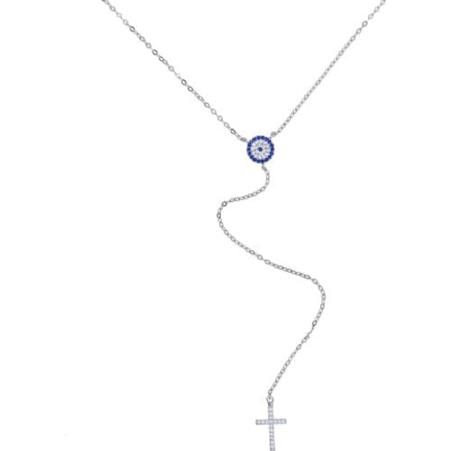 CZ Cross Evil Eye Charm Necklace Cute Lovely Eye Blue White Cz Link Chain Long Y Lariat Women Sexy Necklaces Jewelry