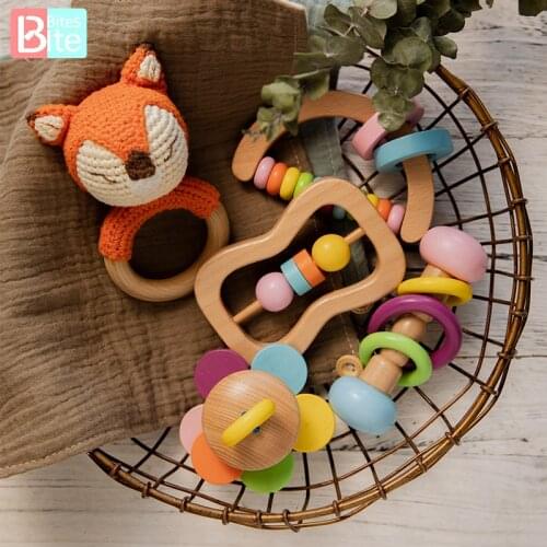Bite Bites 5pc/Set Wooden Mobile Rattle Safe Mobile Pram Crib Ring DIY Animal Crochet Music Rattle For Newborns Gift Strollertoy
