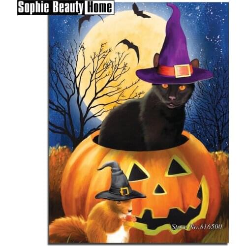 Full Square/Round Drill 5D DIY Diamond Painting Cat&Pumpkin Diamond Embroidery Halloween Cross Stitch Mosaic Wall Decor 188072