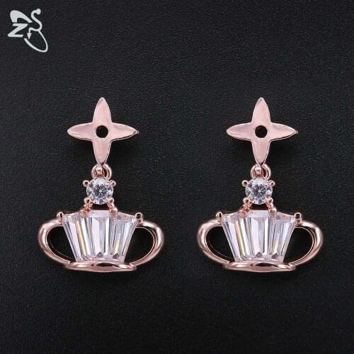 Luxury Hanging Earring Crystal Rose Gold Color Drop Earings Crown Pendant Long Ear Piercing Zircon Stone Womens Jewelry Bijoux
