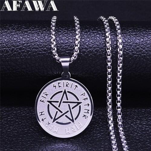 Rune Alphabet Pentacle Pentagram Viking Necklace Pendants Round Stainless Steel Necklaces Jewelry connector metal NXH1201S02