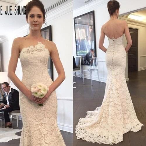 E JUE SHUNG Pink Lace Backless Wedding Dress Strapless Sleeveless Full Mermaid Bride Dresses Robe de mariée