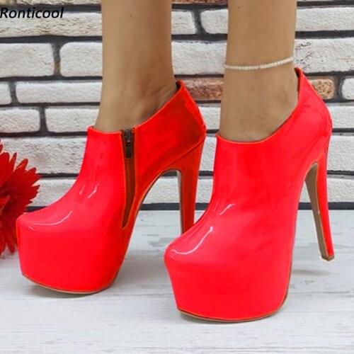 Ronticool Women Waterproof Pumps Patent Side Zipper Sexy High Heels Round Toe Gorgeous Red Fuchsia Party Shoes US Plus Size 5-20