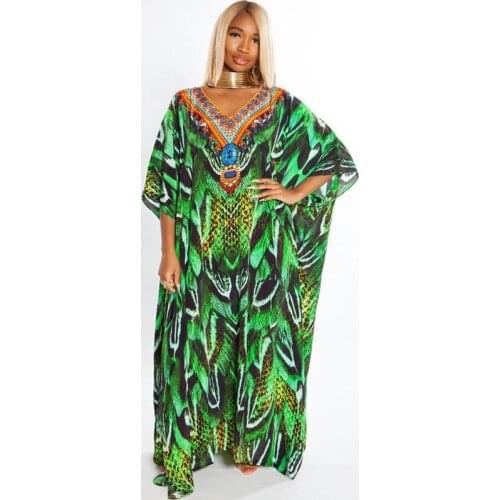 Green Print Beach Cover up Boho Dress 2021 Robe Plage Swimsuit Cover up Over size Beach Kaftan Pareos Beachwear Long Dress