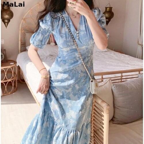 Women Designer V-Neck French Retro Party Midi Dresses Summer Elegant Print Dress Fit Chic Short Sleeve Casual Vintage Gown 2021