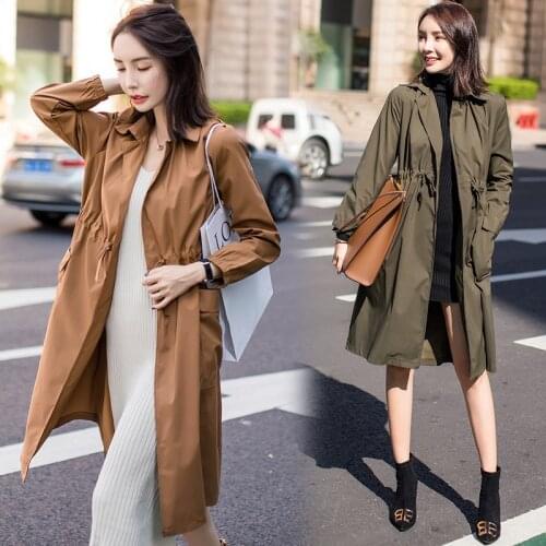 Ladies Casual Trench Coat 2020 Spring New Fashion Windbreaker Autumn Long Lapel Single-Breasted Elastic waist Elegant Outerwear