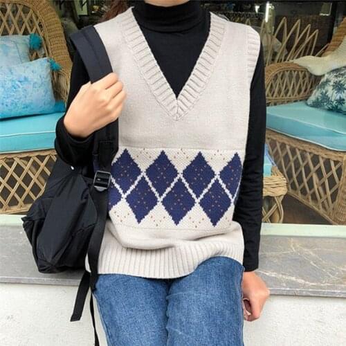 Women Sleeveless Pullover Autumn 2020 England Style Vintage Geometric Rhombic V Neck Knitted Sweater Vest Casual Waistcoat T498