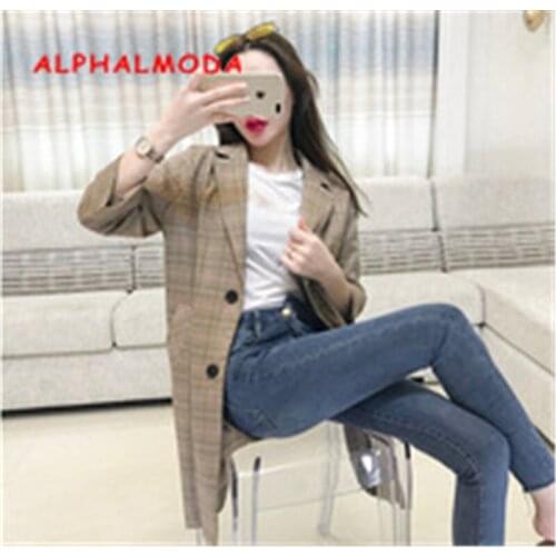 ALPHALMODA 2018 Autumn Women Vintage Plaids Suits Rolled Sleeve Single Breasted Female Casual Thin Suit