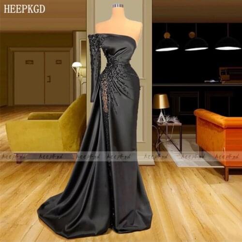 High Slit Black One Shoulder Prom Dresses Long Sleeve Crystal Satin Sexy Special Occasion Women Dress Plus Size Pageant Gowns
