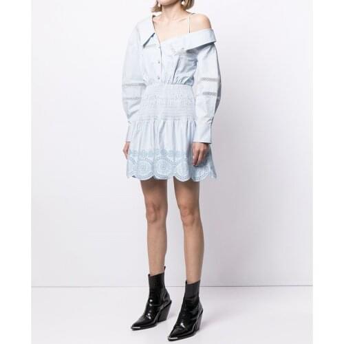 Women Sky Blue Mini Dress 2021 Spring Summer Turn-Down Collar Off One-shoulder Pleated Lace Hollow Out Short Dresses