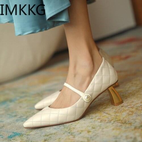 2020 New Autumn High Heels Women Shoes Pearl Fashion Pointed Toe Thin Heels Soft Woman Shoe Wedding Pumps