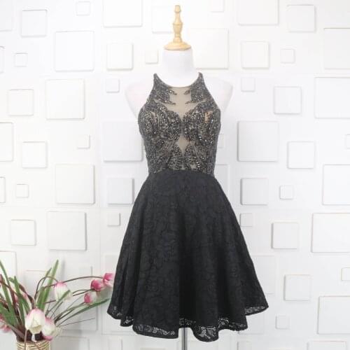 2021 Black Crystal Beads Evening Dresses Short Lace Neck Knee Length Evening Gowns for Women