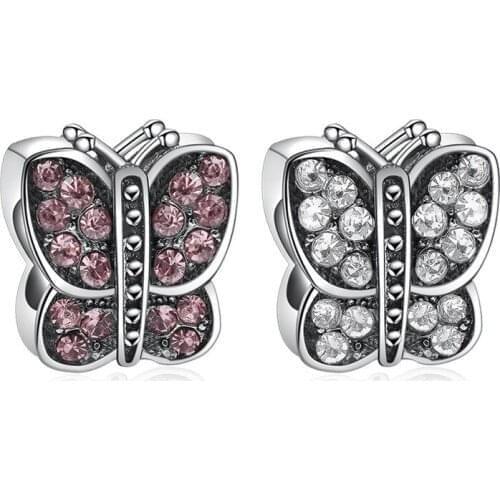 5PCS HTevak New Arrival Silver Plated Pink/White Crystal Butterfly Spacer Beads For Women Wedding Engagement Charm DIY Bracelets