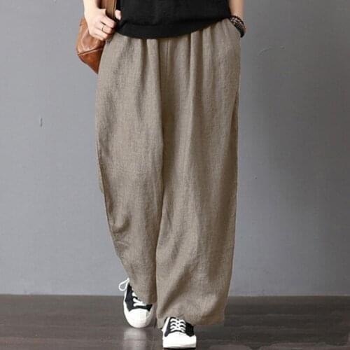 2XL Womens Casual Loose Wide Leg Pants Vintage Elastic Waist Trousers Casual Cotton Linen Oversized Long Pants