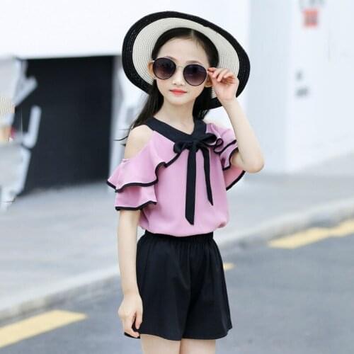 Kids girls 2pcs summer suits flounced strapless short-sleeved T-shirt + shorts new big virgin suit 4-12 years old