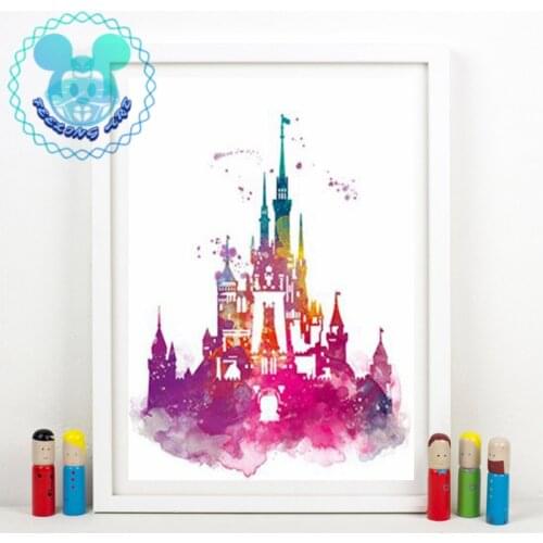 Disney Canvas Wall Art Decoration Watercolor Castle Canvas Art Prints and Poster Princess Painting Wall Picture Kids Girls Room