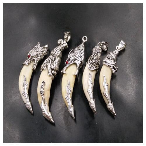 Chinese Antique Boars Tooth Wild Hog Silver Dragon Protective Talisman Pendant