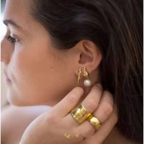 Irregular dull polish hammered bold chunky gold ring for women stainless steel vintage pearl french style elegant fashion ring