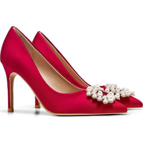 Red Wedding Shoes Pointed 6CM 8CM High Heel Diamond Bride Shoes Small Size 33-42 Dress Banquet Lady Pumps 2020 Spring and Autumn