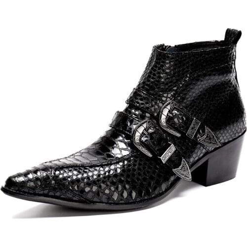 Western Handsome Men Boots Pointed Toe Black Leather Ankle Boots Buckles 6 cm Motorcycle Boots Men Party and Business