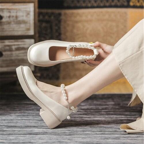 2021 new womens fashion beaded Mary Jane shoes summer womens mid-heel round toe platform single shoes